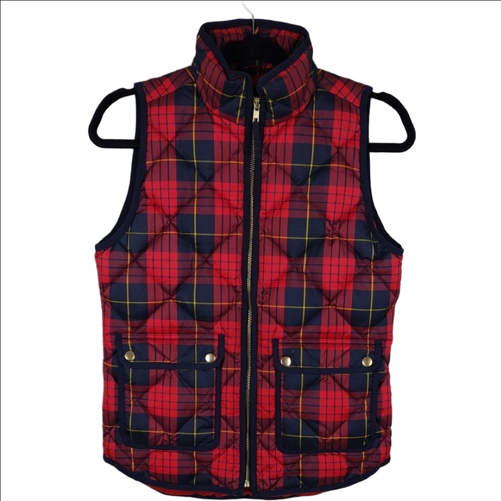 J. Crew Red Black Plaid Stand Up Collar Zip Up Down Feather Puffer Outdoor Vest